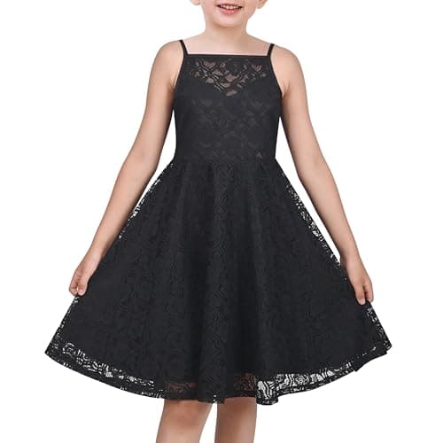 Image of Sunny Fashion Girls Dress Lace Overlay Spaghetti Strap Flared Back Bow Party Recital Size 10 Years Black