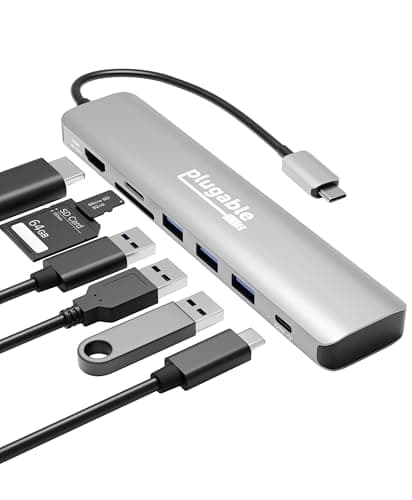 Image of Plugable USB-C Hub 7-in-1, Driverless USB C Hub Compatible with Mac, Windows, Chromebook, USB4, Thunderbolt 4, and More (4K HDMI, 3 USB 3.0, SD & microSD Card Reader, 100W Charging)