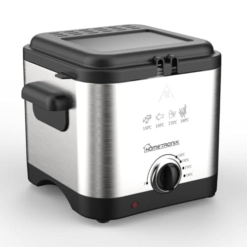 Image of Hometronix Compact 1.5L Deep Fryer, Chip Pan Fat Fryer - 1000W with Adjustable Thermostat (70ºC-190ºC), Cool-Zone Tech, Stainless Steel, Easy Clean Viewing Window