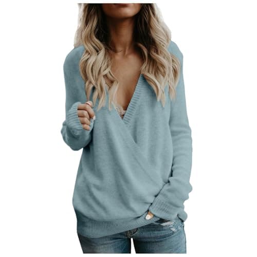 Image of Womens Jumpers, Women's 2024 Deep V Neck Wrap Front Loose Knit Sweater Long Sleeve Pullover Top for Fall Winter Season