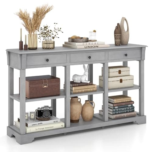 Image of COSTWAY Vintage Console Table, 146cm Long Slim Entryway Sofa Table with 3 Drawers & Open Storage Shelves, Solid Wood Legs Behind Couch Table for Hallway, Entrance, Foyer and Living Room (Grey)