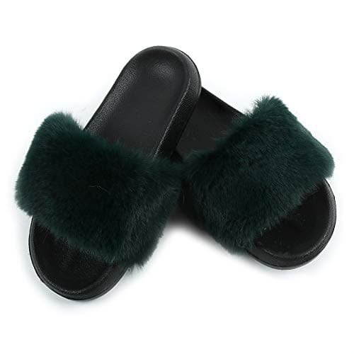 Image of Hiser Women Slipper Sliders, Ladies Casual Faux Fur Fluffy Sandals, Cozy Comfy Non Slip Flat Slipper for Walking Holiday Party Indoor Outdoor (UK9.5-10.5/290,Dark green)