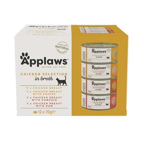 Image of Applaws Natural Wet Cat Food Tin, Chicken Multipack Selection in Broth 70g (Pack of 12 x 70g Tins)