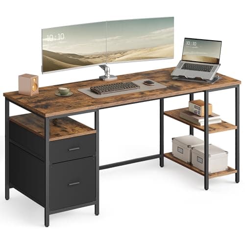 Image of VASAGLE Computer Desk, Work Desk with Storage, 3 Shelves, 2 Drawers, 60 x 160 x 76 cm, for Home Office, Living Room, Industrial Style, Rustic Brown and Matte Black LWD105K01