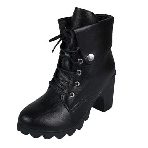 Image of WOFANLULY Ladies Ankle Boots, Lace Up Block Mid Heeled Chunky Platform Ankle Shoes for Women (Black, Size 4)