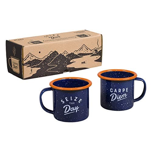 Image of Gentlemen's Hardware Set of Two Enamel Espresso Mugs, Product Size: 52 x 88 x 70mm, Colour: Navy/Orange, Reads ‘Seize The Day’ and ‘Carpe Diem’, GEN323.