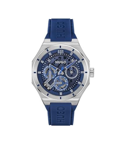 Image of HUGO Analogue Multifunction Quartz Watch for Men #Grail Skeleton Collection with Blue Silicone Bracelet - 1530375