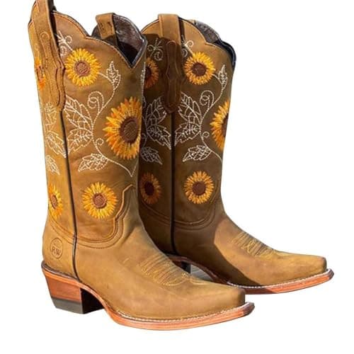 Image of Western Cowboy Boots for Women - Wide Calf, Low Heel, Distressed Sunflower Embroidery Stitched Booties (Khaki, Size 40)