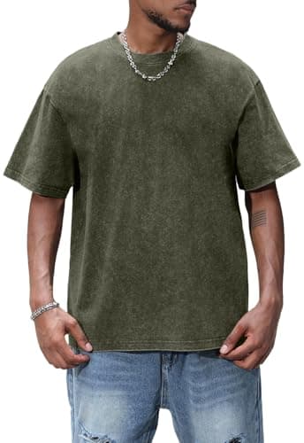 Image of AIYINO Men's Tee Oversized Workout Cotton Shirts for Men Basic Solid Summer T-Shirt Vintage-Style Fashion Sense Classic Acid Washed Clothes Outfits Short-Sleeve Gym Tshirt Top Army Green L