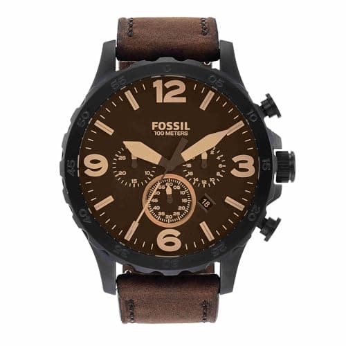 Image of Fossil Nate Men's Quartz Watch with Black Dial and Brown Leather Strap JR1487