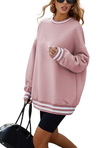 Image of Famulily Casual Ribbed Long Sleeve Sweatshirt Winter Activewear Classic Round Neck Fleece Sports Top Pink M