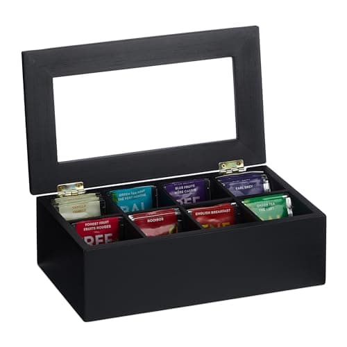 Image of Relaxdays Tea Box, 8 Compartments, Bamboo, HBT: 9x28x16 cm, Tea & Coffee Pods, Tea Box with Lid, Dust Protected, Black