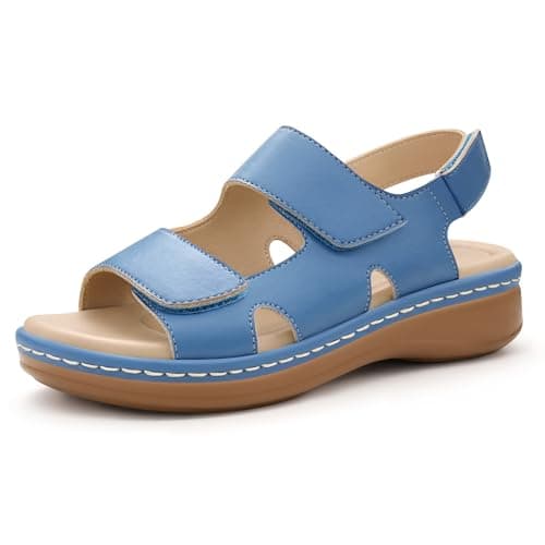 Image of PIZZ ANNU Clara Women's Orthopedic Sandals Wedge Walking with Arch Support, Comfortable Chunky Lightweight Hook & Loop Summer Shoes for Everyday Wear Blue Size 4