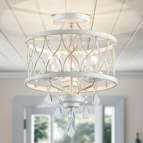 Image of WUZUPS Chandelier 3-Light Vintage Farmhouse Industrial Semi-Flush Mount Ceiling Light Lighting Fixture for Foyer Bedroom Hallway Storage Room Kitchen Bathroom, H 40.6 x W 32.5, E14 Base, Antique White