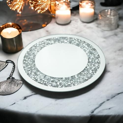 Image of SERENA'S ® Round Shape Diamante Mirrored Crystal Candle Plate 25cm - an Elegant Addition to Your Home Table Top - Best Gift