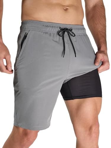Image of Arcweg Mens Swimming Shorts with Compression Liner Long Swim Shorts Quick Dry Board Shorts Zipper Pockets Board Swimming Trunks Surf Light Gray XL