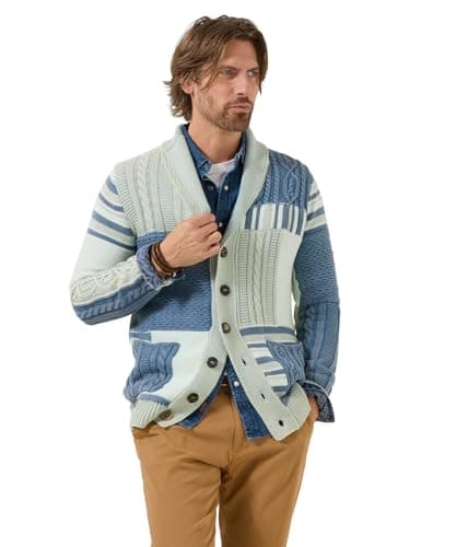 Image of Joe Browns Men's Mixed Knit Patchwork Cardigan, Regular, Blue, UK XL