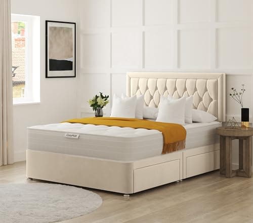 Image of COZY HUB LTD Hilton Florida Divan Bed with 10 Inch Ortho Tufted Mattress & Plush Velvet Headboard – Luxury Divan Set with Drawer Storage Options. (Cream, 4Ft6- No Drawers)
