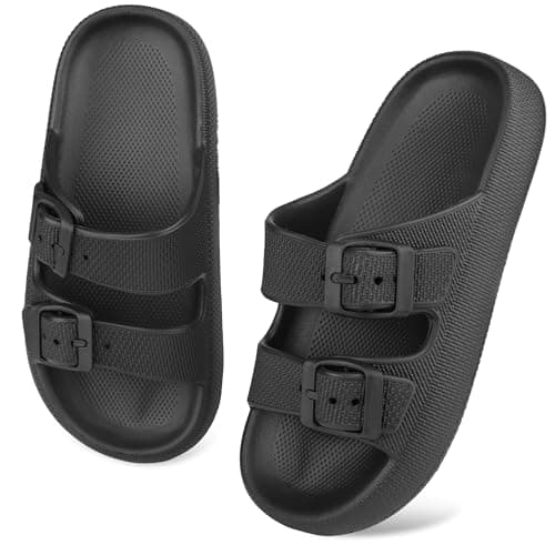 Image of WYSFLY Kids Cloud Slides Boys Girls Adjustable Double Buckle EVA Flat Sandals Summer Pillow Slippers Shower Beach Pool Sliders Black 1 UK