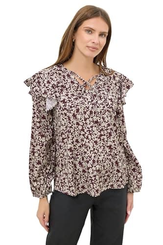 Image of M&Co Berry Floral Print Tie Neck Blouse - Women's Purple