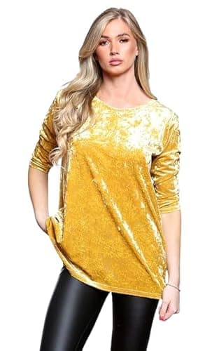 Image of Pretty Attitude Women ¾ Sleeve Velvet Scoop Neck Tops Ladies Velvet T-Shirt Loose Casual Tops (UK, Numeric, 20, Regular, Regular, Yellow)