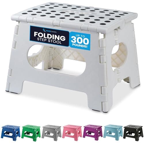 Image of Handy Laundry Folding Lightweight Step Stool - Sturdy Enough to Support Adults and Safe Enough for Kids - Opens Easy with One Flip - Great for Kitchen, Bathroom or Bedroom (White - 9 Inch)