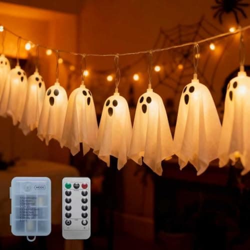 Image of Zodight Ghosts of Halloween String Lights, 3M 10LED Hanging Ghosts 8 Modes Fairy Light with Remote Control, Battery Operated Decoration Indoor Outdoor for Halloween Decoration