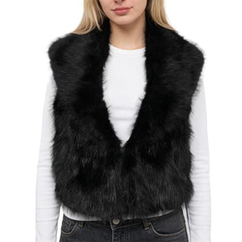 Image of Amazhiyu Faux Fur Gilet for Women UK, Lapel Open Front Cardigan with Pockets, Sleeveless V Neck Outwear Fluffy Vest for Winter/Autumn Black L