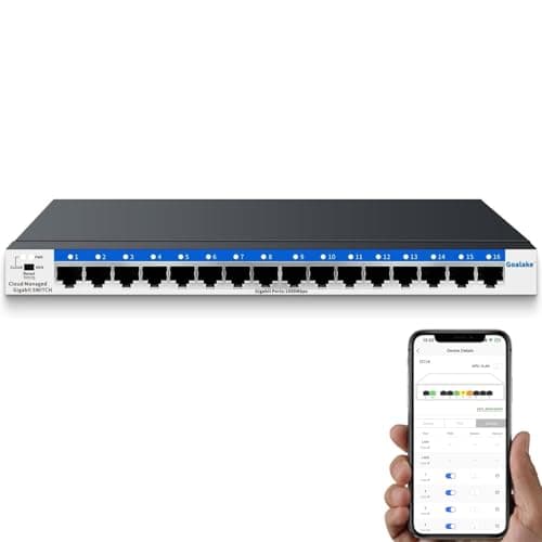 Image of 16-Port Gigabit Switch,Easy Smart Managed,Plug & Play,Desktop/Wall-Mount,Sturdy Metal,Home Network Hub,Office Ethernet Splitter,Silent Operation,Support QoS,Vlan,DHCP,Web Interface/Phone App Monitor