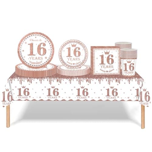 Image of 69pcs Rose Gold 16th Birthday Decorations for Girls,16th Birthday Tableware Tablecloth Paper Plates Napkins Serviettes and Cups Sets for 16 th Birthdays Table Decoration for Her 16 th Birthdays Gifts