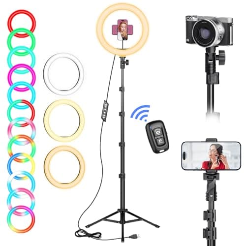 Image of Ring Light with Tripod Stand & Phone Holder Tall 182 cm, 10 inch LED Ringlight Selfie Cicle Light Desk with Remote & Phone Clip for Camera, Video, Makeup, YouTube, TikTok