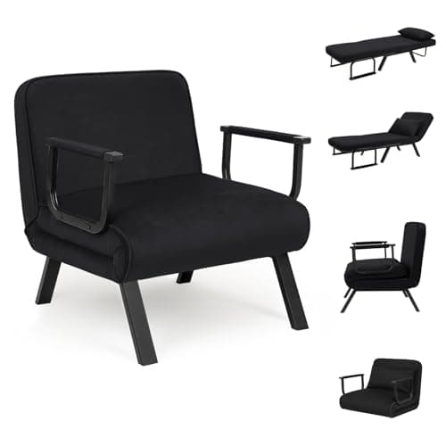 Image of CROWNSHOP Folding Sofa Bed 4-in-1 Convertible Single Chair Bed with 6-Position Backrest and Pillow, Folding Sleeper Couch with Back Upholstered Seat Single Flip Chair for Living Room (Black)