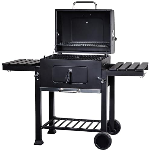Image of George Foreman XL Charcoal BBQ in Black Outdoor Smoker Barbecue Portable BBQ with Lid Cover, Adjustable Grill and Built-in Temperature Gauge, for Home Garden Party Cooking fits 20 x Burgers, GFCSBBQXL