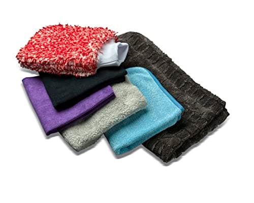 Image of AUTOBEAD Microfibre Madness Kit - Includes Gauntlet Drying Towel, Buffing Towel, Glass towel, 2 Microfibre Cloths and a Microfibre Mitt - Highly Absorbent Soft Vehicle Cleaning Cloths Set