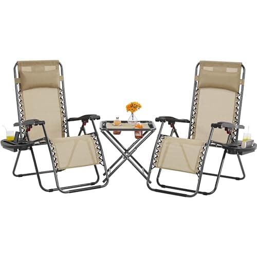 Image of Yaheetech 3PCS Zero Gravity Recliner Portable Foldable Outdoor Sunlounger Table Set w/Pillow & Carry Strap for Patio Deck Garden Pool Beige