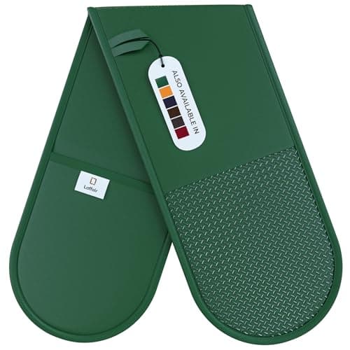 Image of Green Oven Gloves Double by Laffair® - Green Kitchen Accessories - Non-Slip Silicone Grip Double Oven Glove Heat Resistant