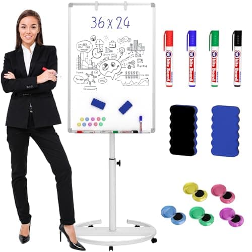Image of Nicpro Flip Chart Stands Mobile Whiteboard, 90 x 60 cm Magnetic Dry Erase Board Stand, Height Adjustable Standing Easel White Board with 4 Pens, 2 Erasers, Magnets for Office Home Classroom Teaching