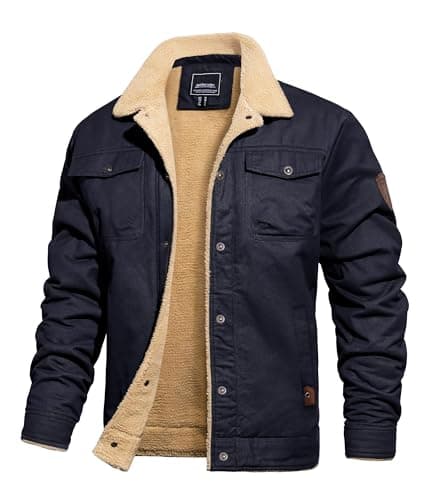 Image of TACVASEN Sherpa Lined Military Jacket Men Winter Fleece Cargo Trucker Jacket Warm Thick Cotton Lapel Collar Tactical Combat Coat Navy L