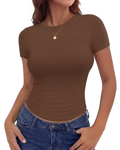 Image of TNNZEET Women's Y2K Basic Top Going Out Crop T Shirt Short Sleeve Crew Neck Clothing for Fashion UK(TK，M) Brown