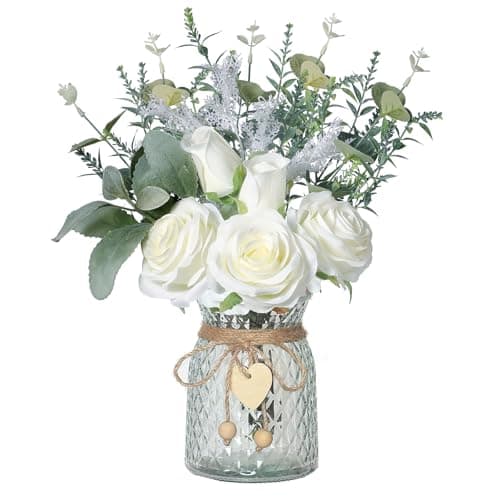 Image of Floralsecret Faux Flowers with Vase Artificial White Rose Flowers in Vase Fake Eucalyptus Plant Floral Arrangement for Table Centerpieces, Home Kitchen Office Coffee Shop Decorations