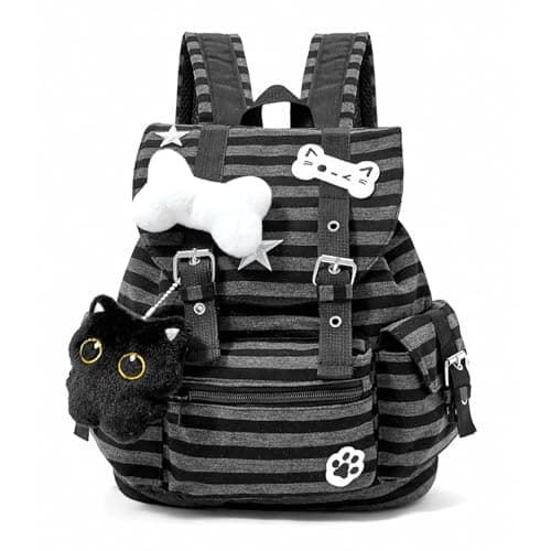 Image of TIAASTAP Cute School Bag for Girls Striped Preppy School Backpack Kawaii Aesthetic Rucksack with Cat Decor for Teenage Secondary Primary Middle