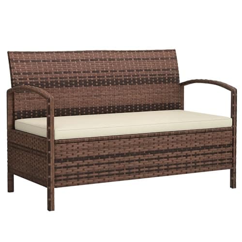 Image of Outsunny Garden Storage Bench with 125L Capacity, 2 Seater PE Rattan Garden Bench with Storage, Cushion, Wicker Outdoor Bench Loveseat with Steel Frame for Patio, Brown