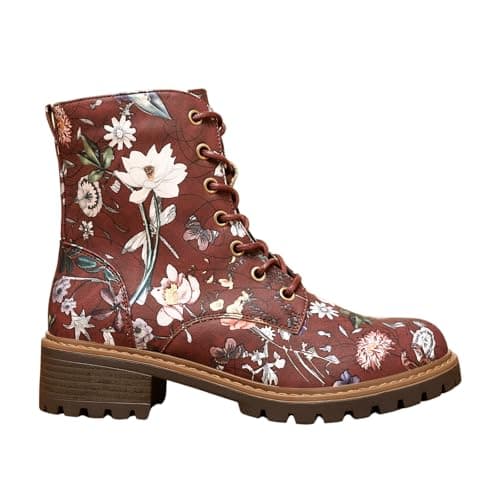 Image of IVACHY Women’s Floral Lace-Up Ankle Boots with Side Zip – Stylish Printed Combat Boots for Casual Everyday Wear- Size 4-7.5