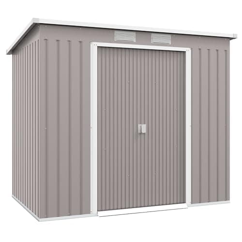 Image of Outsunny 7 x 4ft Metal Garden Shed, Waterproof Galvanised Outdoor Storage Shed with Foundation Kit, Lockable Double Door, Pent Roof and Vents for Patio Equipment Tools, Grey