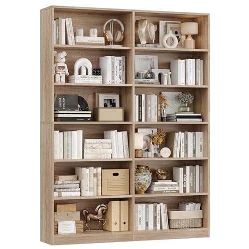 Image of FirFurd Bookcase Oak Bookshelf 188.7cm 6 Tier Living Room Bookcases Free Standing with 12 Open Compartments Display Shelf Tall Shelving Unit for Home, Office 120x30x188.7cm