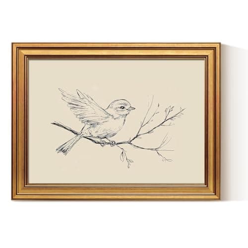 Image of ARPEOTCY Retro Gold Framed Canvas Prints Wall Art, Vintage Bathroom Decor, Nature Minimalist Bird Sketch Line Paintings Aesthetic Rustic Farmhouse Wall Decor for Bedroom Living Room Shelf, 30x40cm
