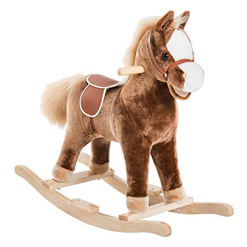Image of HOMCOM Kids Children Plush Rocking Horse Wooden Base Ride On Toy Rocker with Handle Grip Traditional Toy Fun Gift for Age 3+ (Brown)