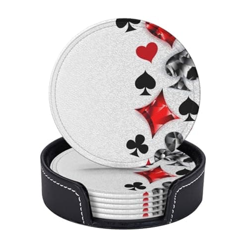 Image of Polygonal playing cards Print Leather Coasters Set Of 6 With Holder Drink Coasters Non-Slip Cup Mat For Home Office Kitchen