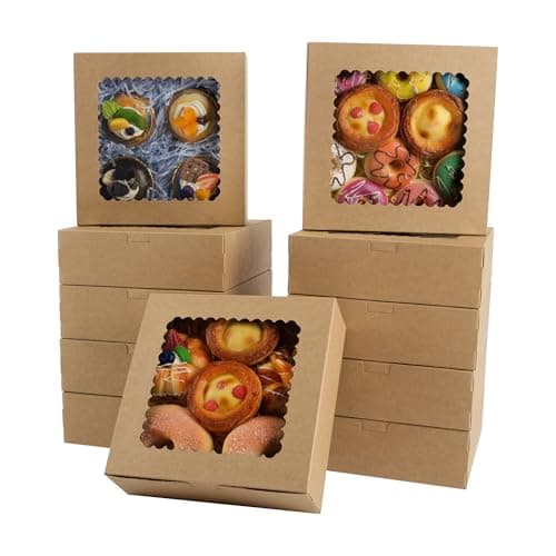 Image of KEYIDO 20 Pack Kraft Cookie Boxes, 8x8x2.5 Inch Bakery Boxes with Clear Window, Square Cardboard Gift Packaging Boxes for Donuts Desserts Biscuits Muffins Pies Cupcakes Party Favours