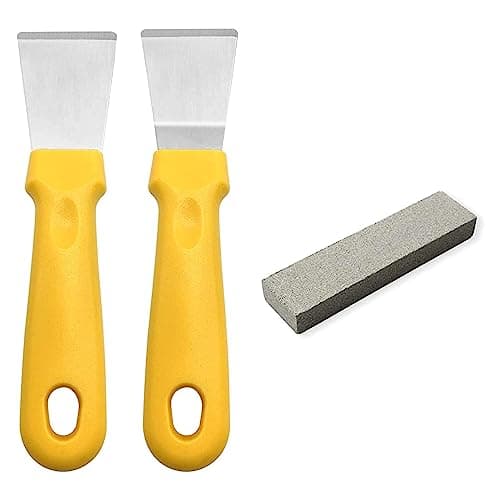 Image of 2Pcs Cleaning Scraper for Ovens, Stoves, Induction Hob,Freezer Stainless Steel Multi Kitchen Scraper with Grindstone (Straight Version + Bending Version) (Yellow)